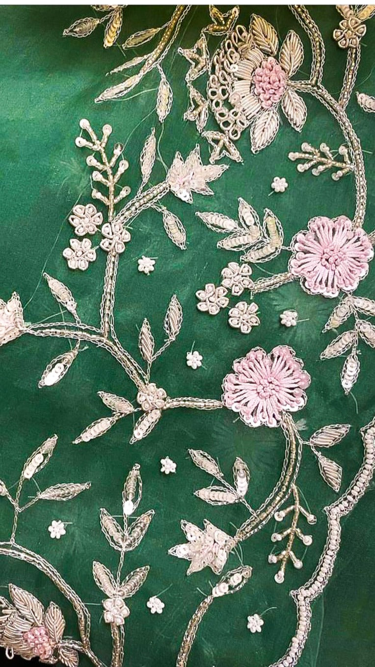bottle green : Pure organza silk saree with zardozi, resham and cutdana hand embroidery - 2