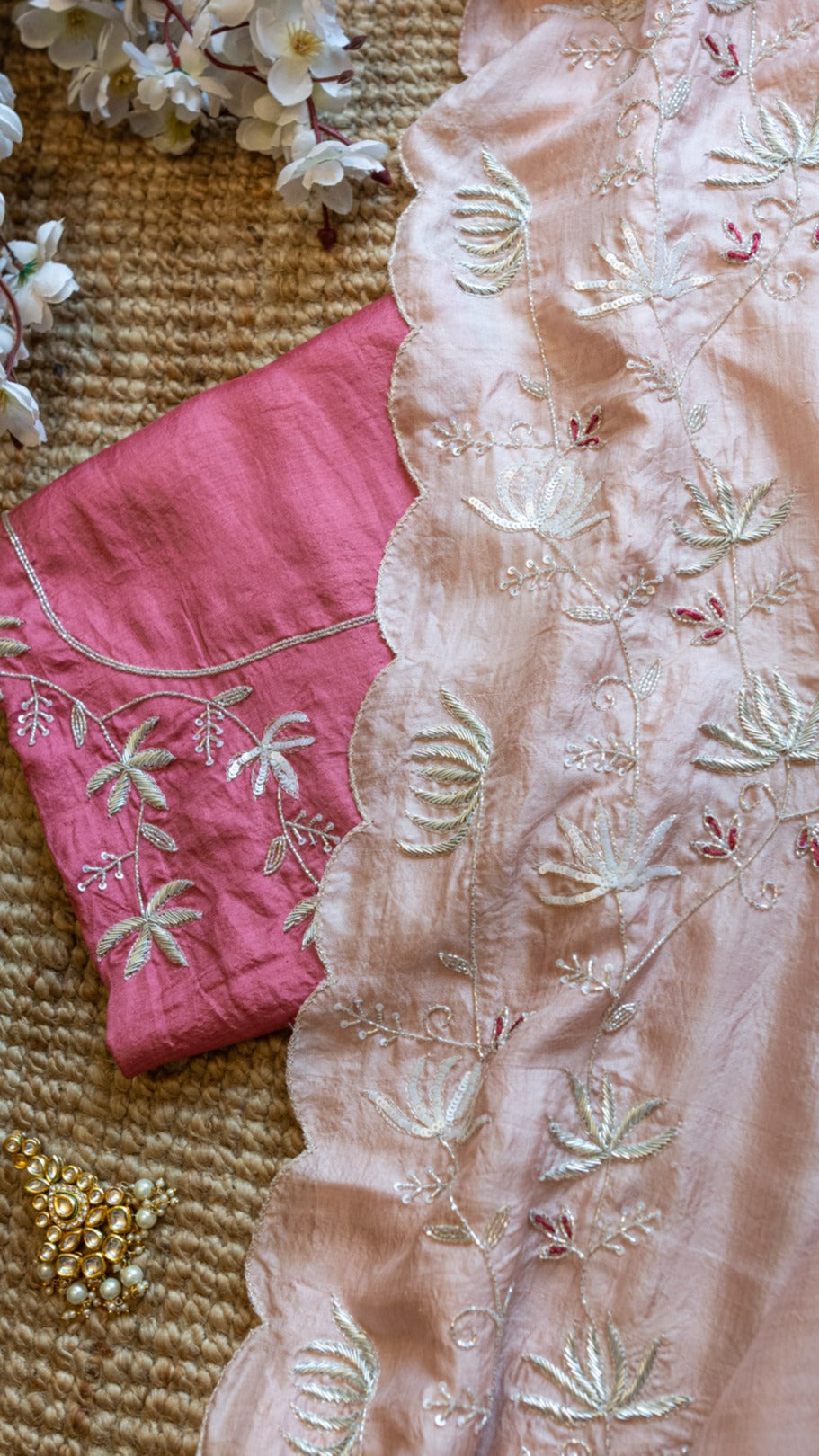 Peach Pankaja : Pure mulberry silk saree with zardozi , cutdana and sequins hand embroidery. - 1