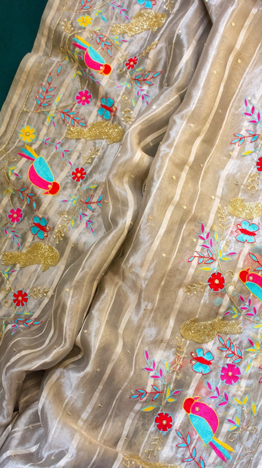 Bird saree: Pure tissue silk saree with cutdana and kashmiri resham work hand embroidery . - 1