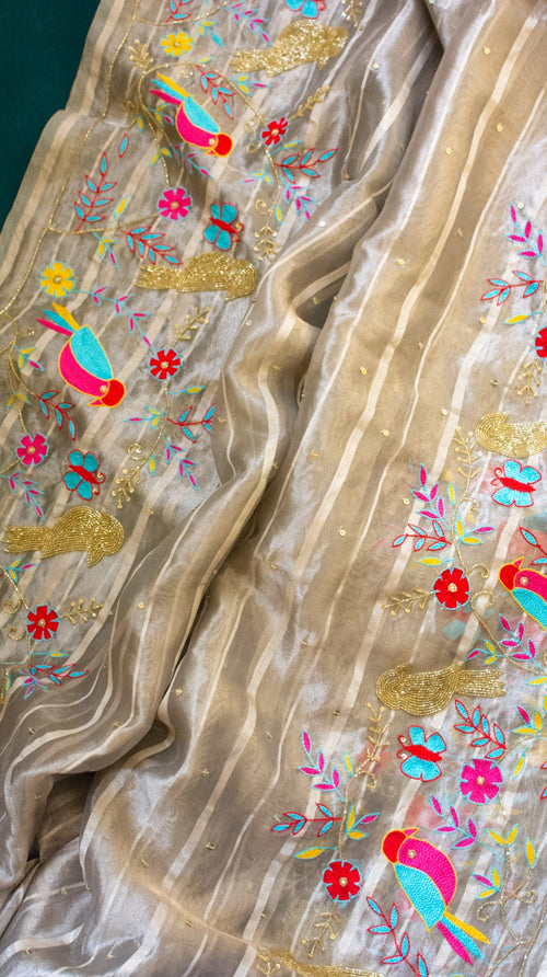 Bird saree: Pure tissue silk saree with cutdana and kashmiri resham work hand embroidery . - 1