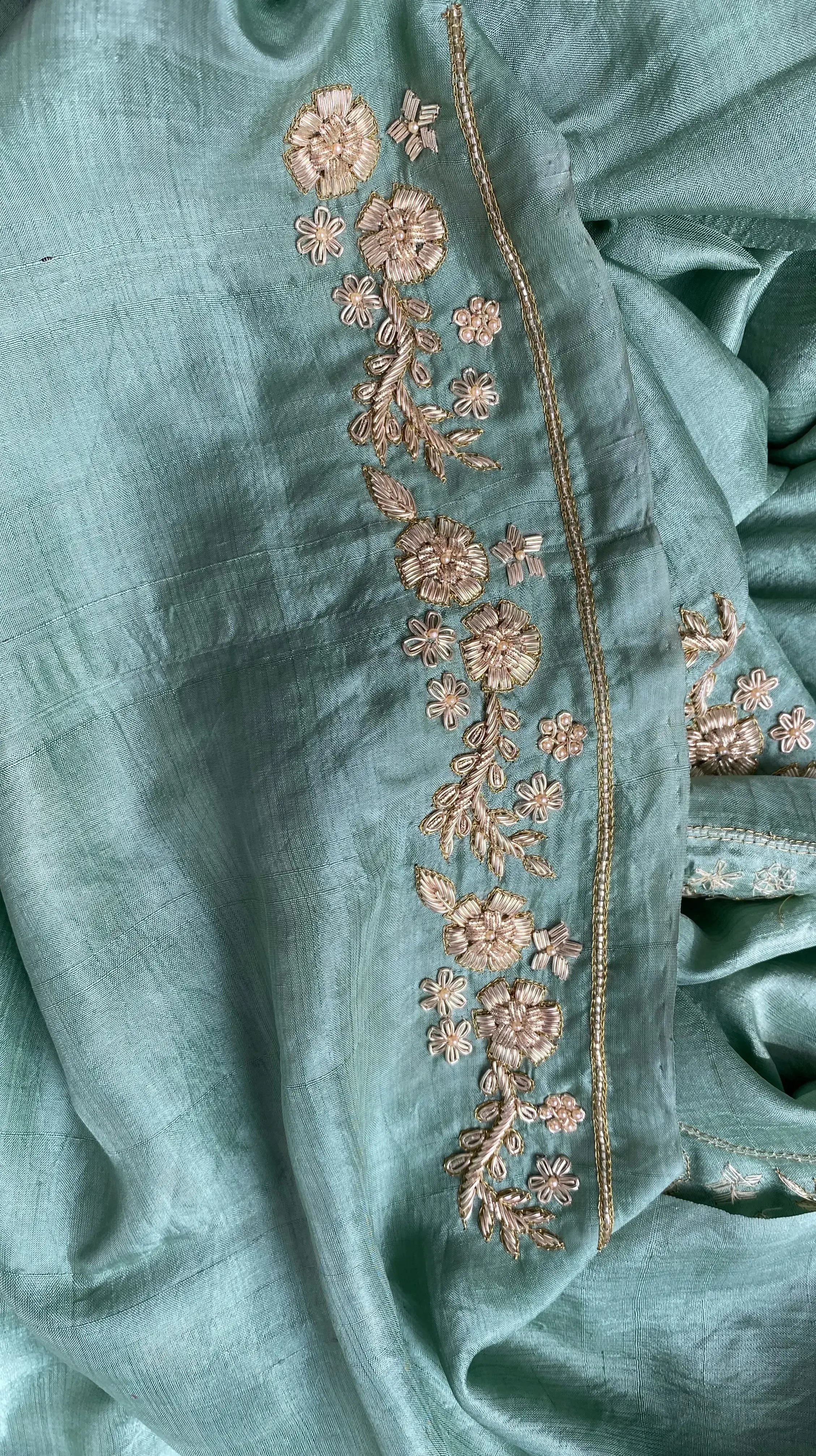 Sage green pure mulberry silk saree with zardozi hand embroidery - 4