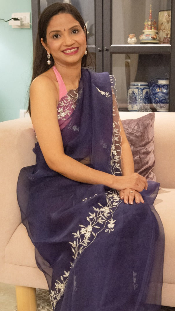 Starry Midnight pure organza silk saree with zardozi and cutdana hand embroidery - 1