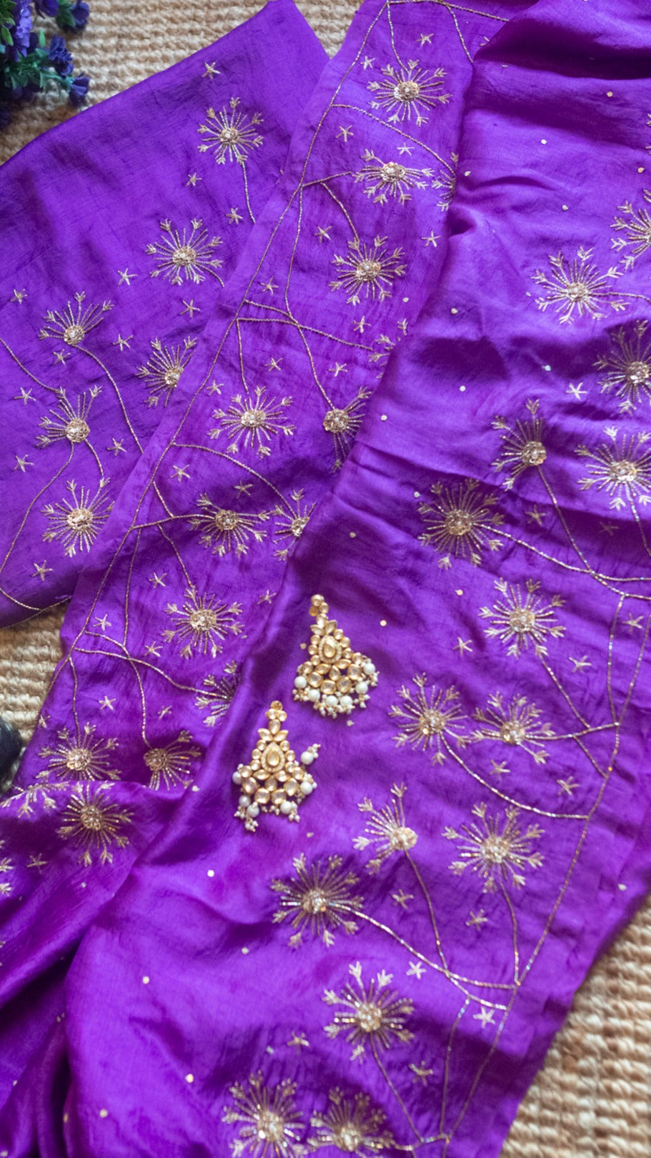 Purple Dandelion Pure mulberry silk saree with zardozi and aari hand embroidery. - 1