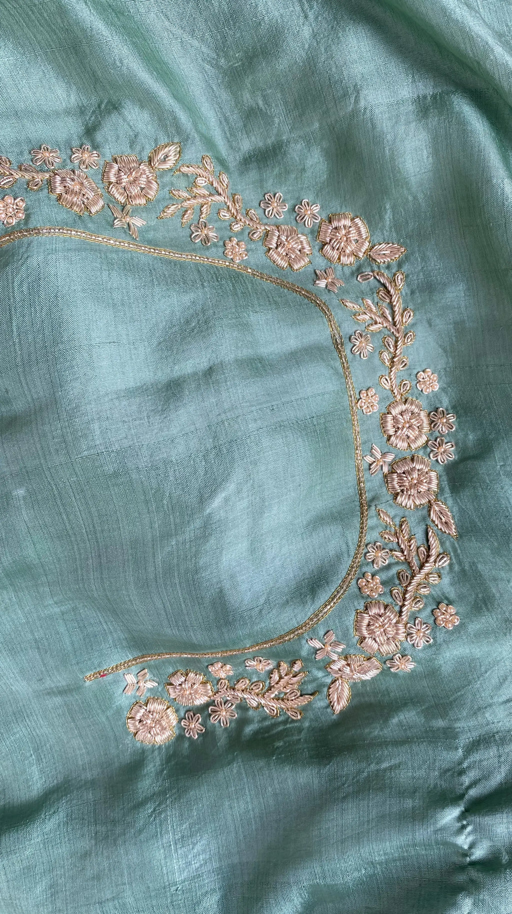 Sage green pure mulberry silk saree with zardozi hand embroidery - 2