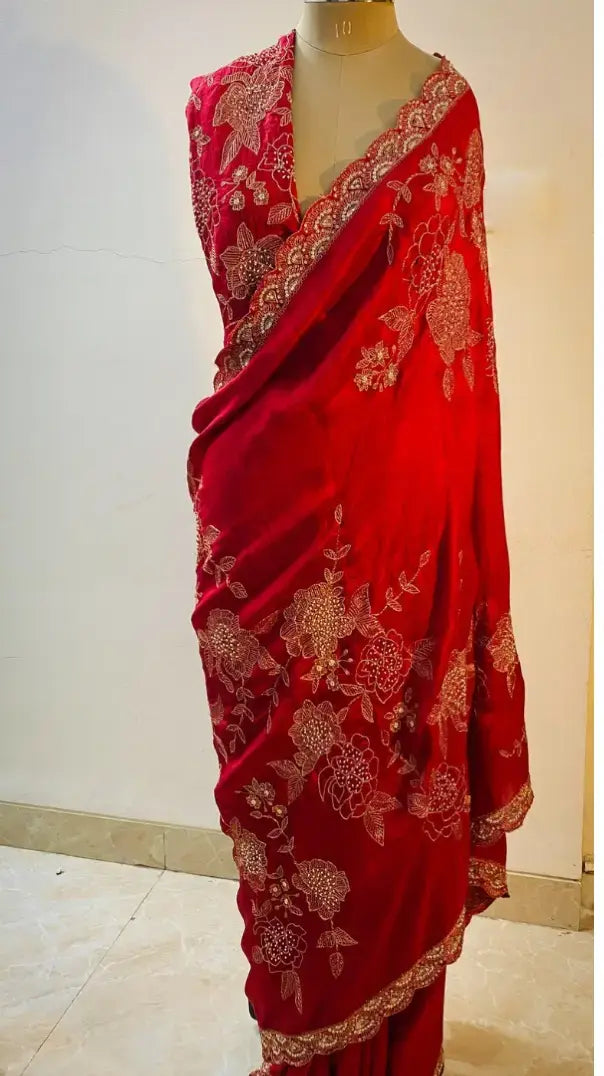 Pure mulberry silk saree in deep red with aari hand embroidery . - 3