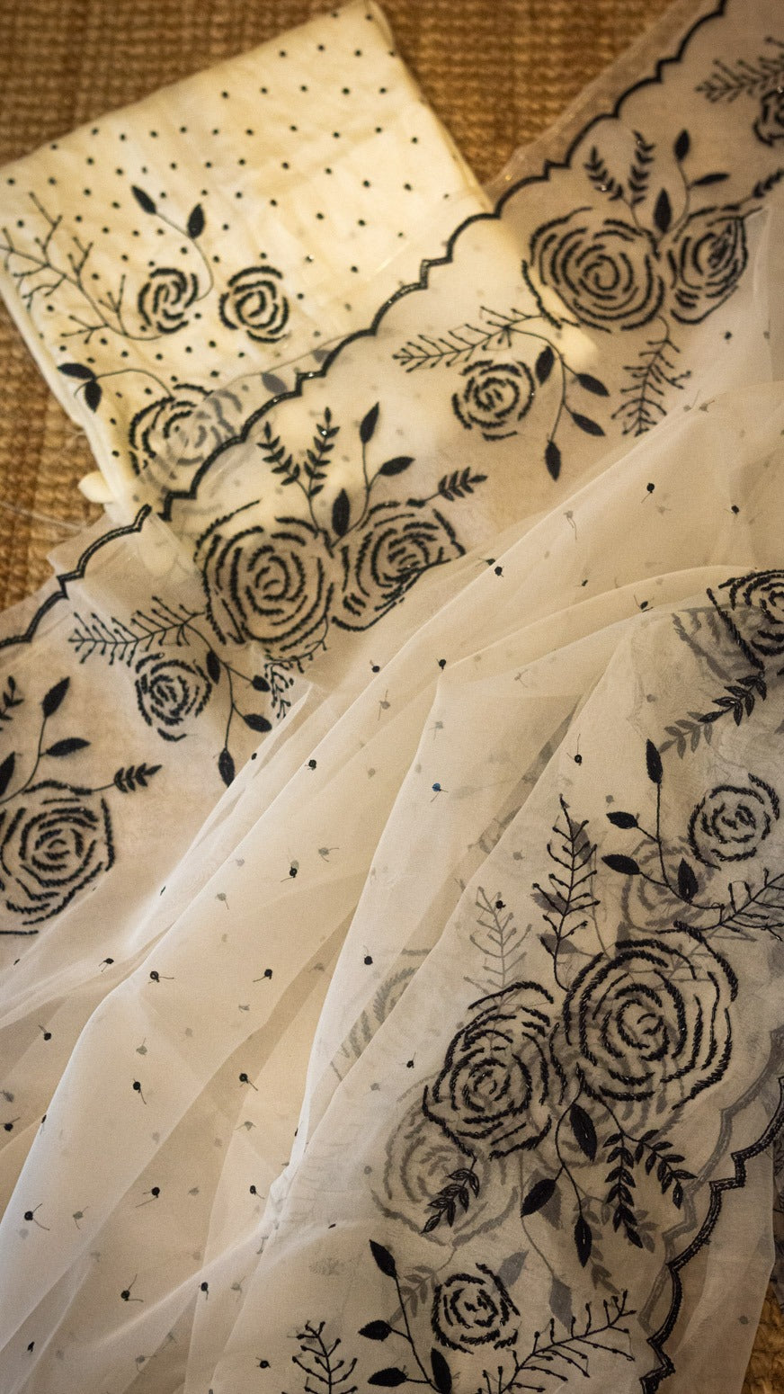 Black Rose: Pure organza silk saree with cutdana and resham hand embroidery - 1