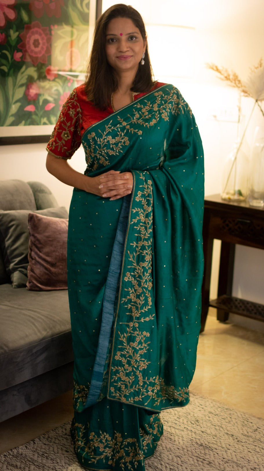 Panna: Emerald Green Pure Mulberry Silk Saree with small flower motifs - 3