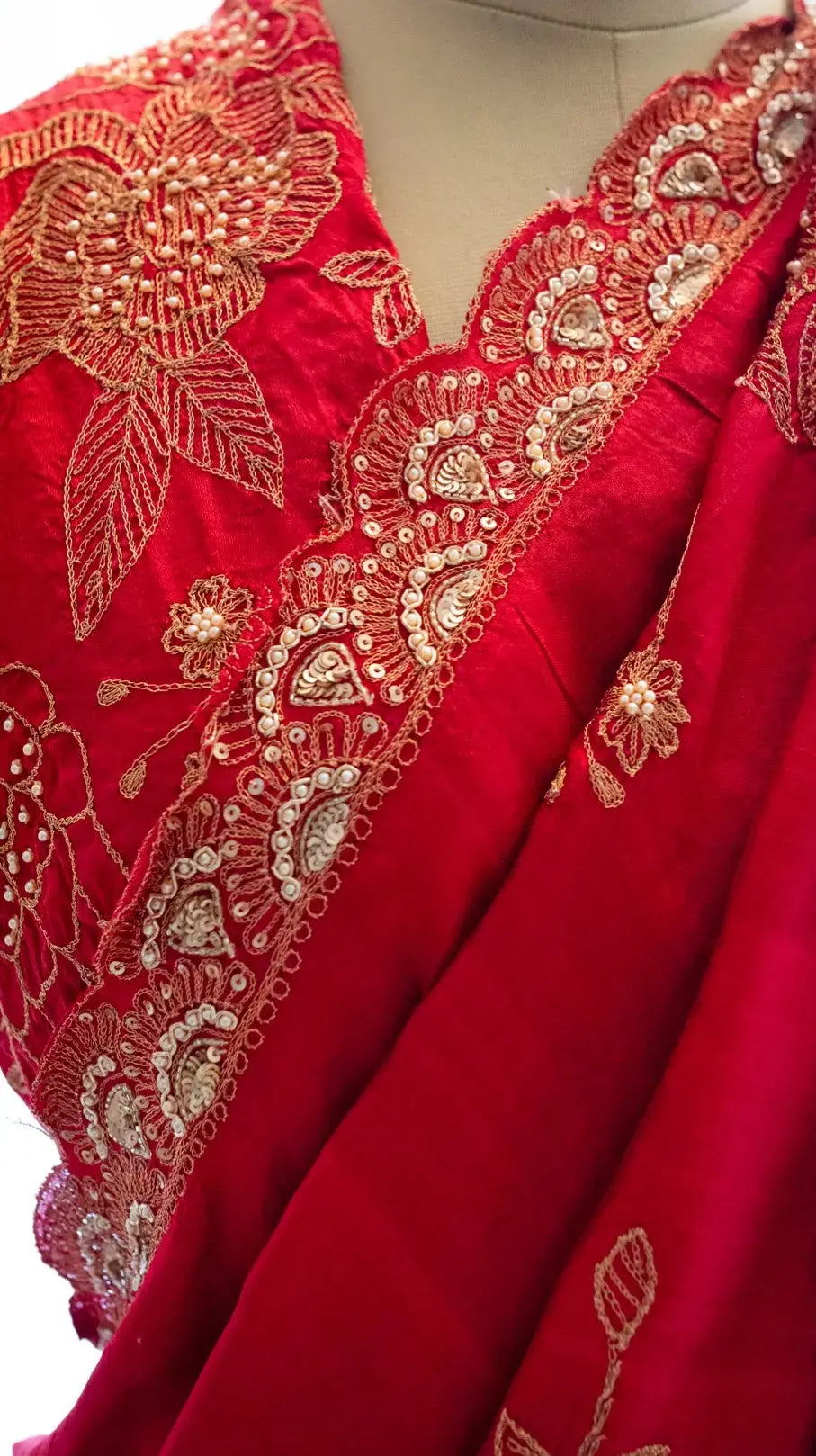 Pure mulberry silk saree in deep red with aari hand embroidery . - 2