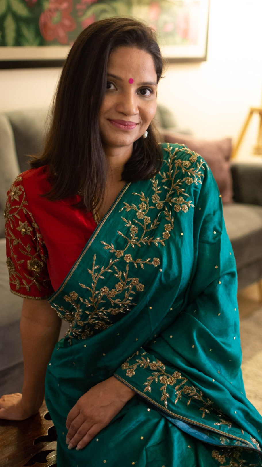 Panna: Emerald Green Pure Mulberry Silk Saree with small flower motifs - 1