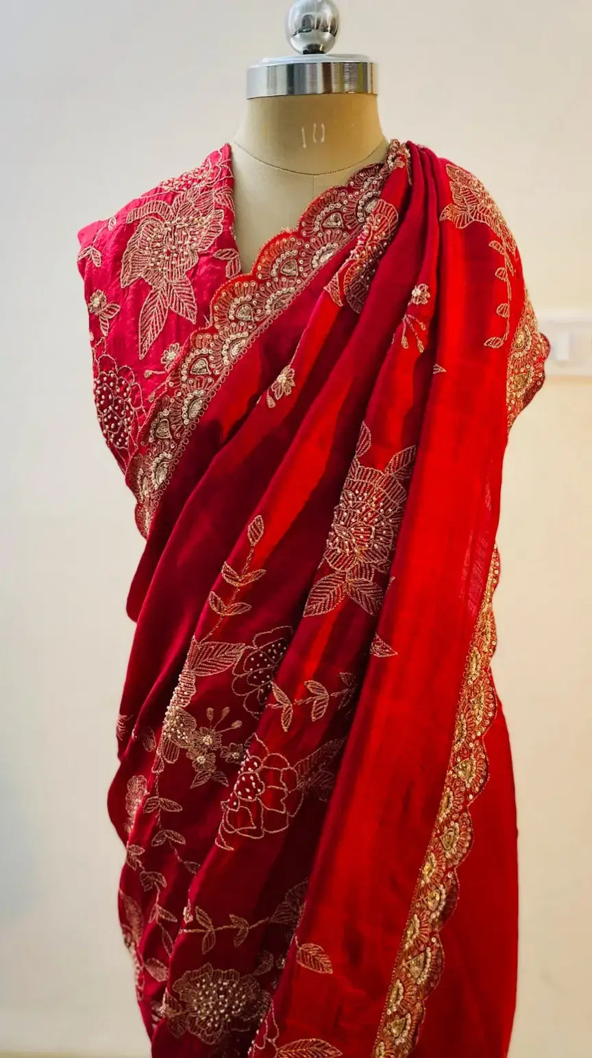 Pure mulberry silk saree in deep red with aari hand embroidery . - 1