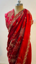 Pure mulberry silk saree in deep red with aari hand embroidery . - 1
