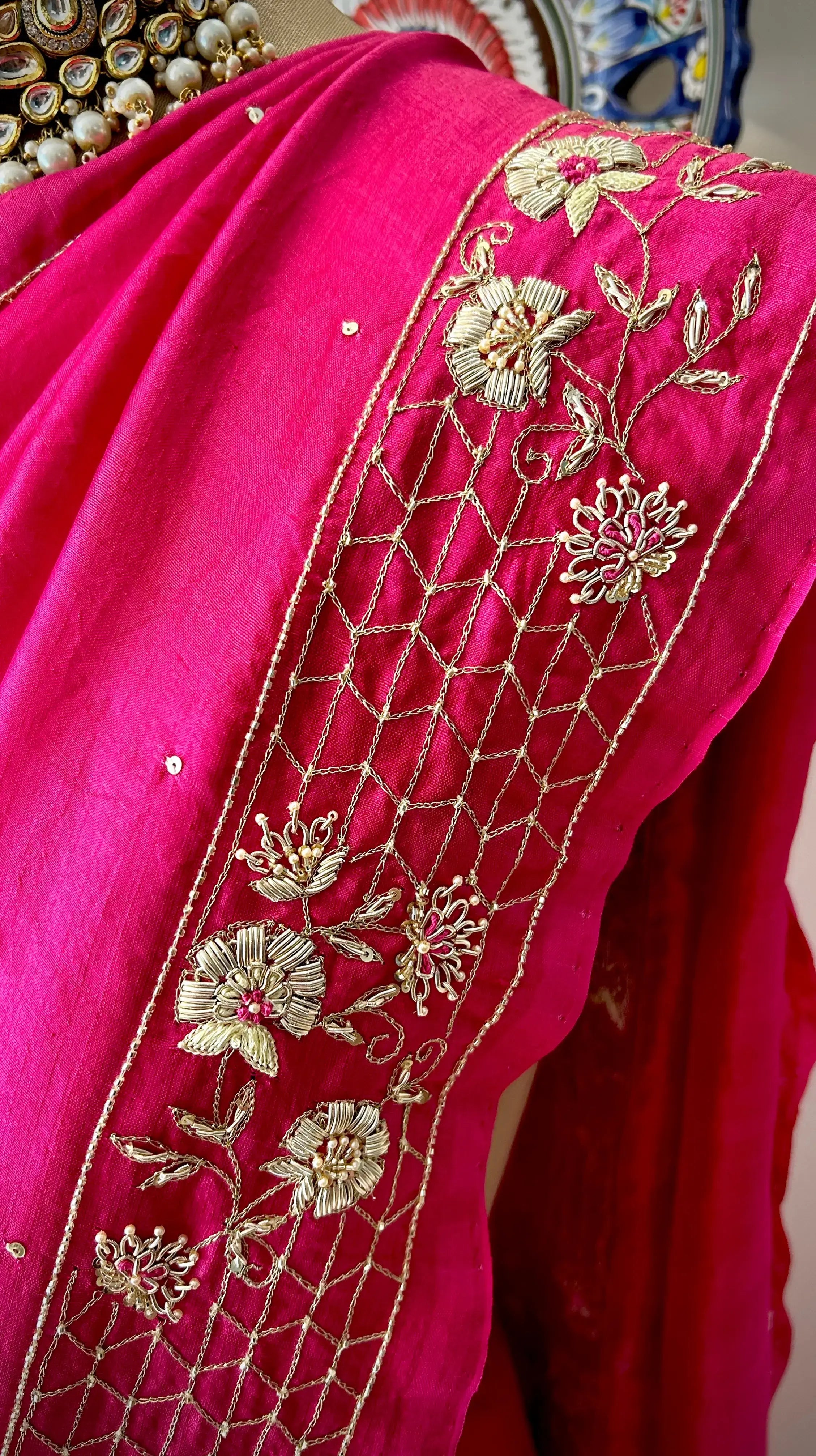Phool lata saree. The  pure mulberry silk saree with zardozi hamd embroidery . - 4