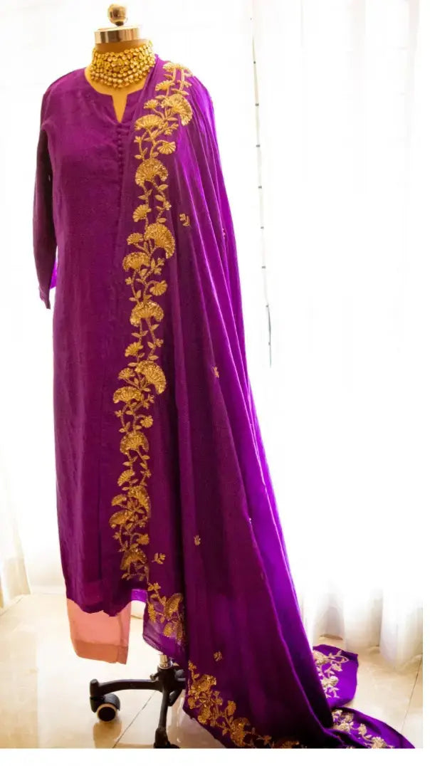 Purple pure mulberry silk stitched kurta with heavy zardozi embroidery dupatta - 3