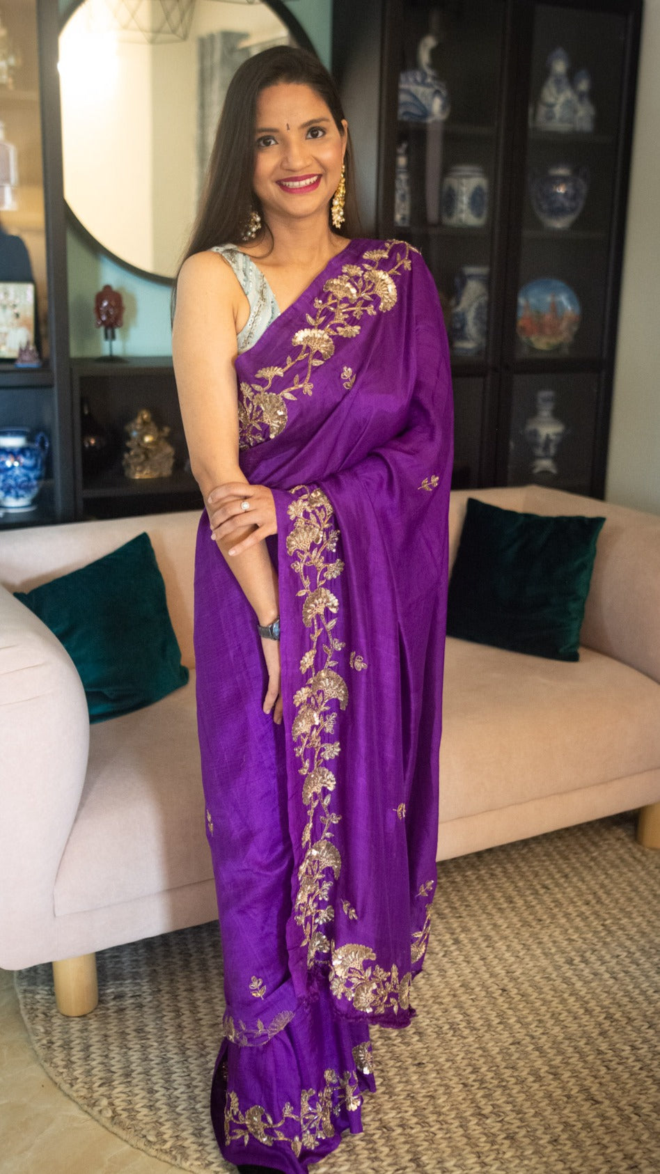 Purple Mist Pure mulberry silk saree with zardozi and sequins hand embroidery - 3
