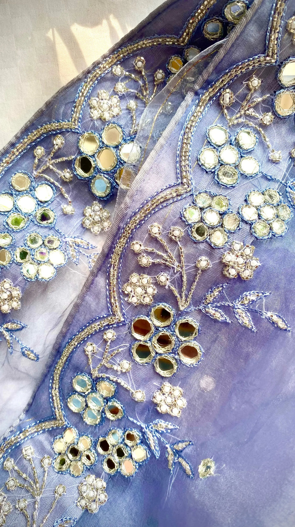 Periwinkle blue pure organza silk saree with mirror hand embridery. - 2