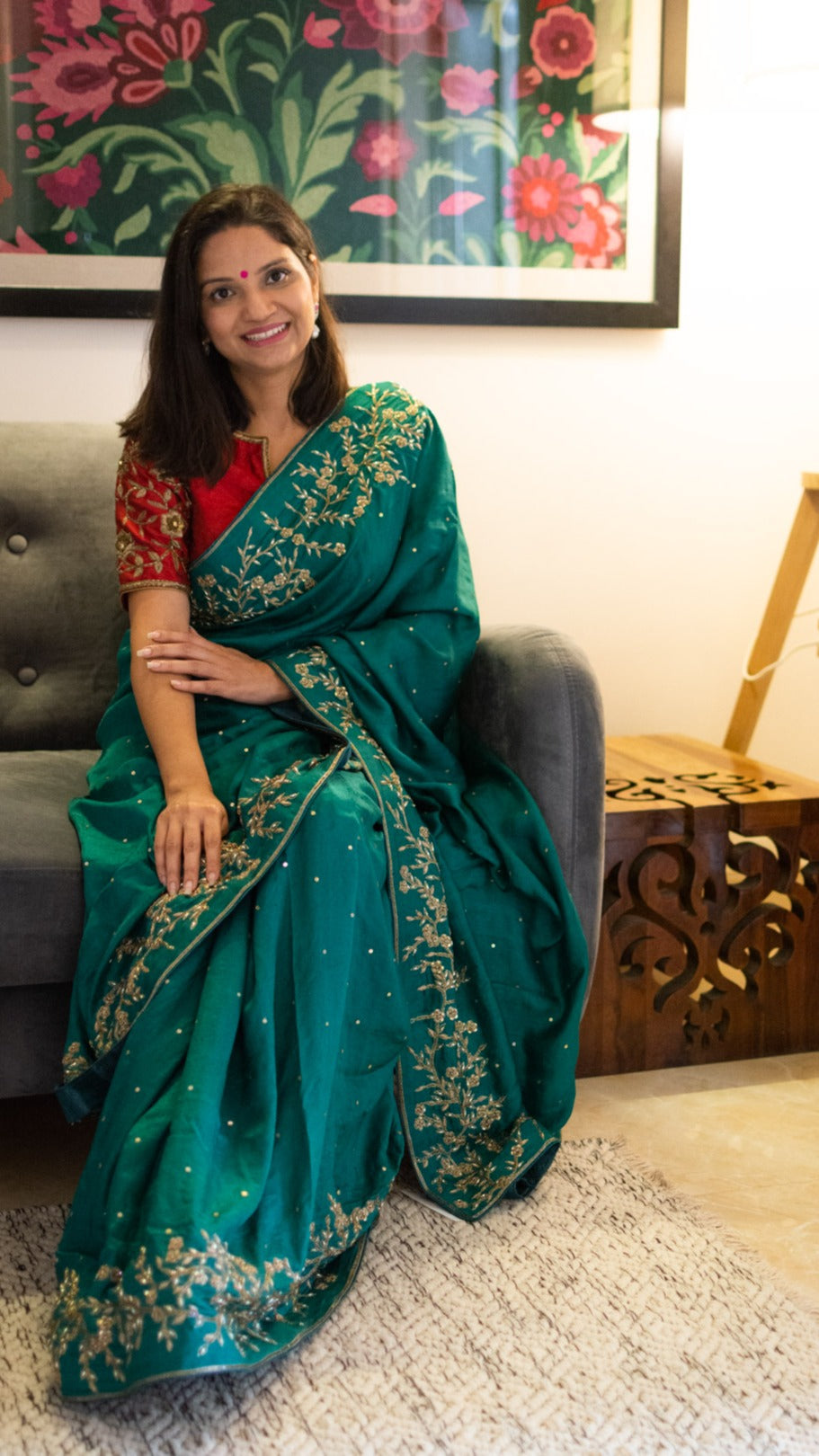 Panna: Emerald Green Pure Mulberry Silk Saree with small flower motifs - 2