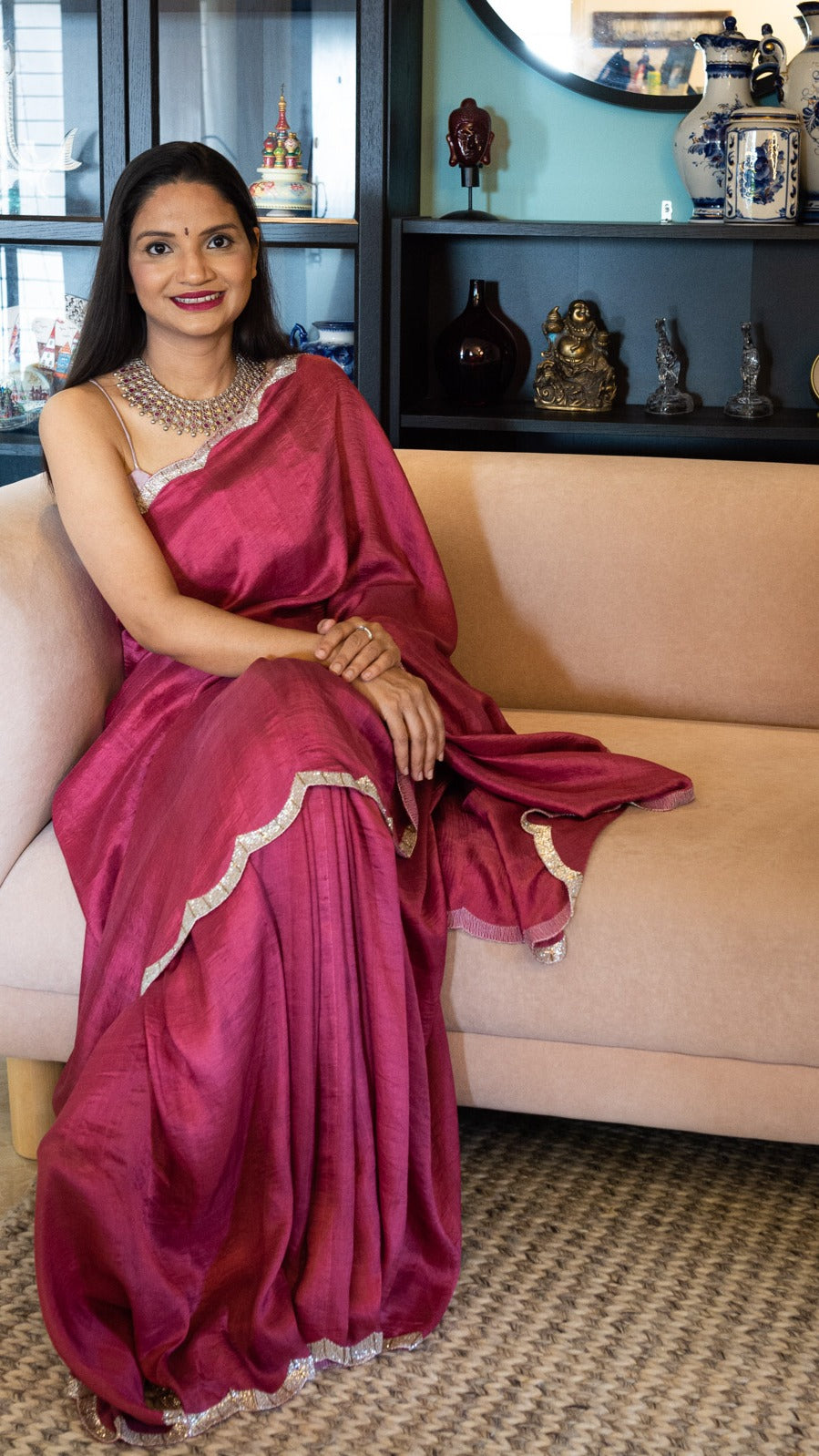 Rouge Pink Crescent : Pure mulberry silk saree with cutdana hand embroidery - 2