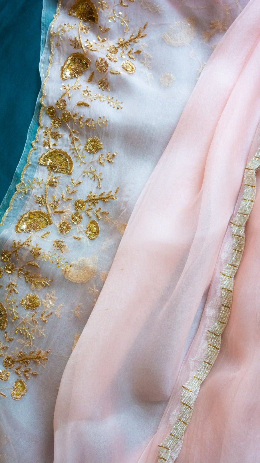 Peach Kimaya saree: Pure organza silk saree with zardozi and cutdana hand embroidery - 4