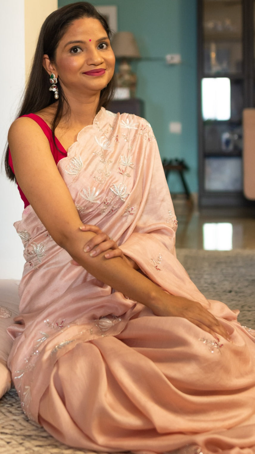 Peach Pankaja : Pure mulberry silk saree with zardozi , cutdana and sequins hand embroidery. - 3