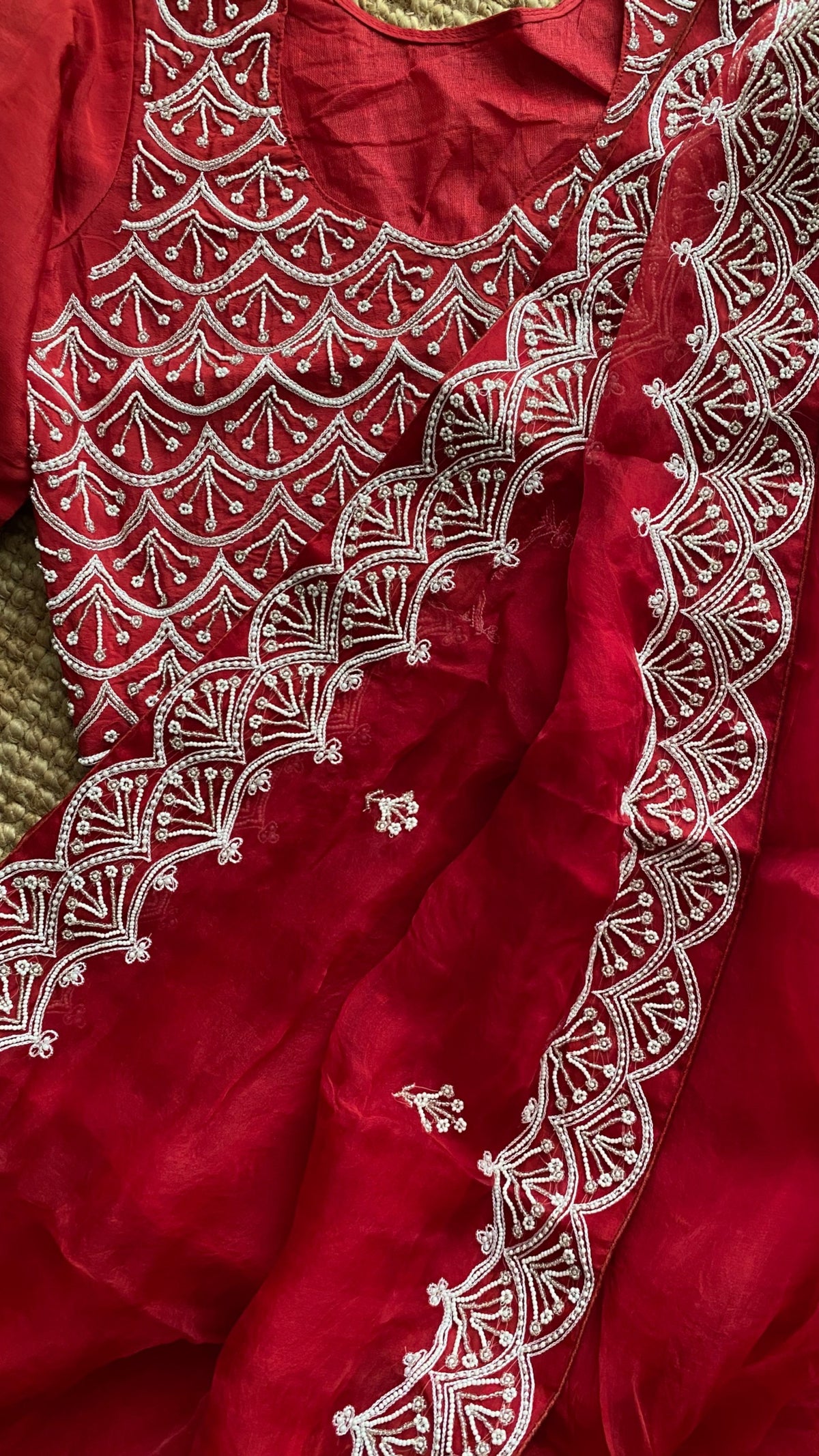 Meen Moti: Pure organza silk saree with pearl hand embroidery - 1