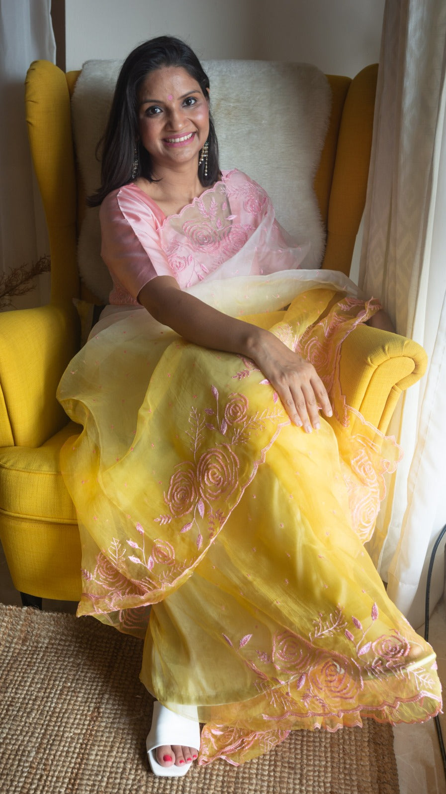 Yellow Ombre rose saree: Pure organza silk saree with cutdana and resham hand embroidery - 1