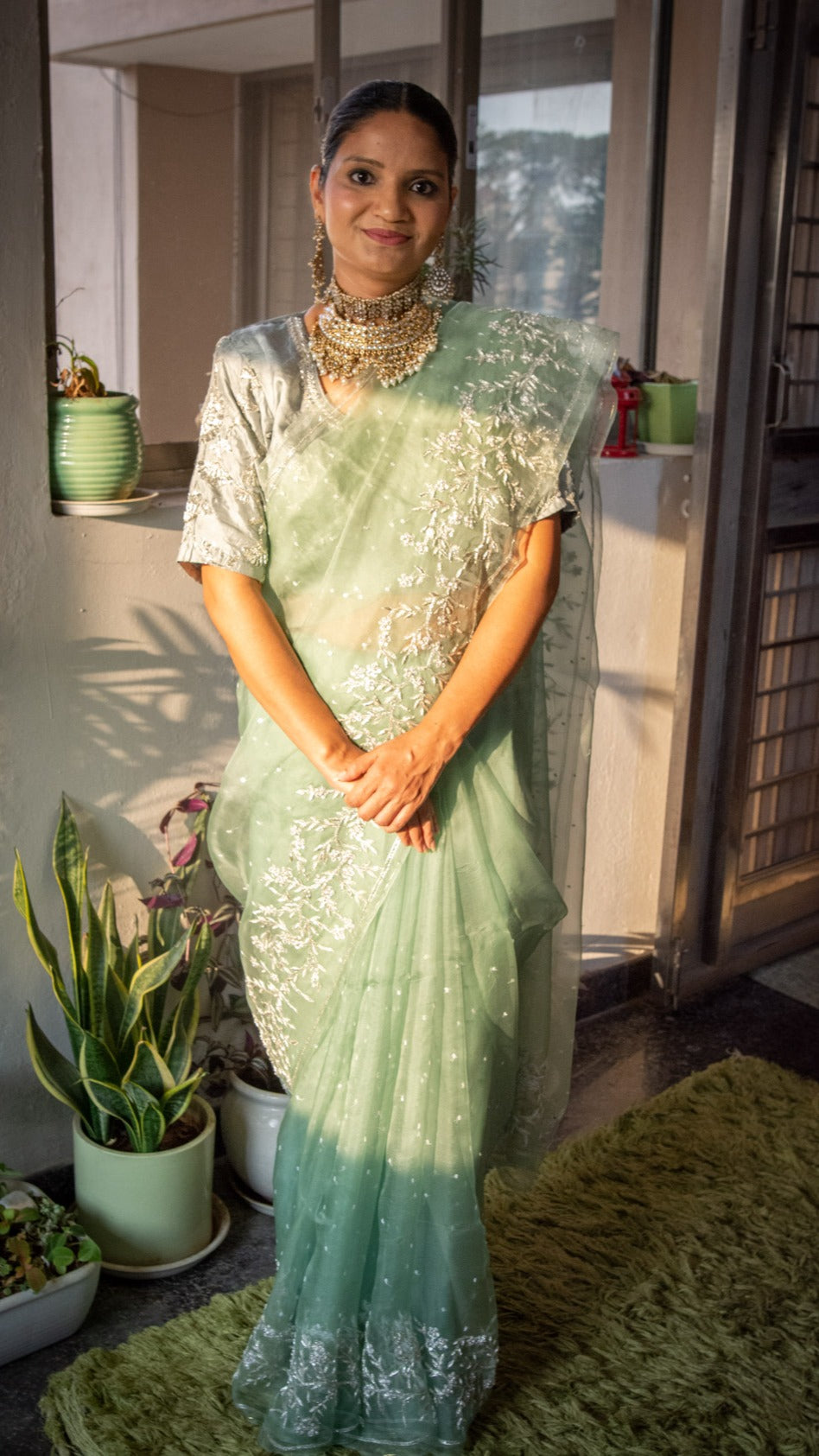Minty Mint pure organza silk saree with zardozi small flower motif - 4