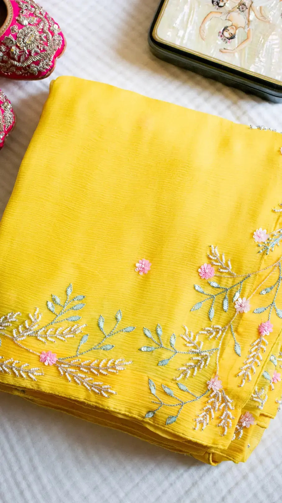 Yellow Marjaan saree: Pure chiffon silk saree with sequins and cutdana hand embroidery . - 1