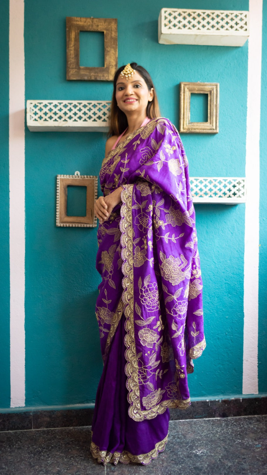 Purple Ketaki Saree: Pure mulberry silk saree with Aari and cut dana hand embroidery - 2