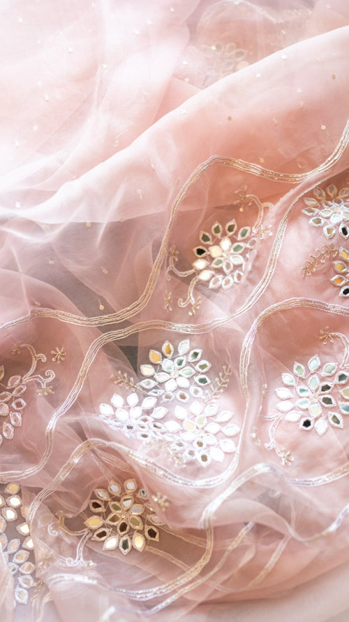 Arsi keya peach pink : Pure organza silk saree with mirror hand embroidery - 1
