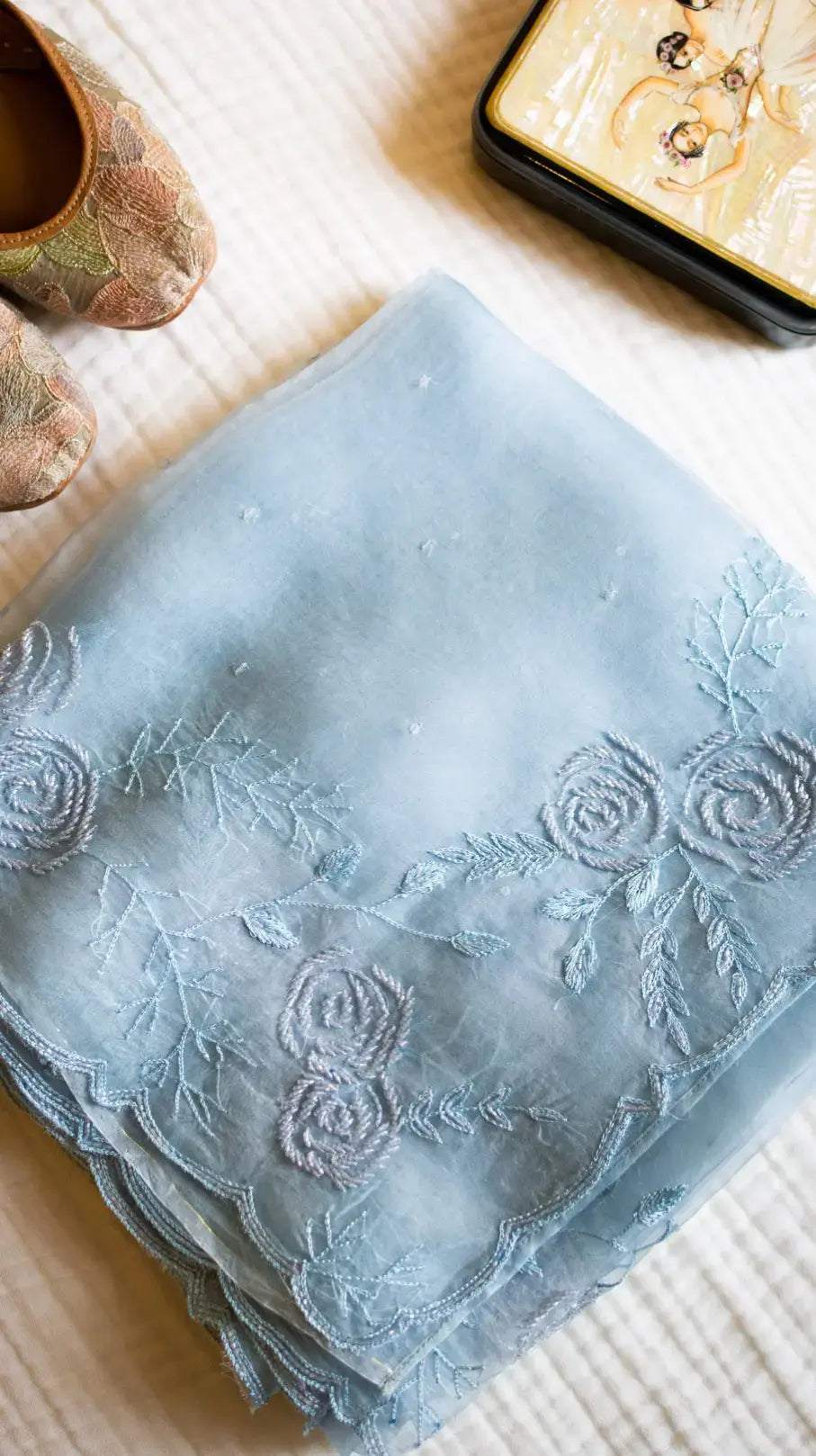 Ice blue gulaab saree : Pure organza silk saree with cutdana and resham hand embroidery . - 1