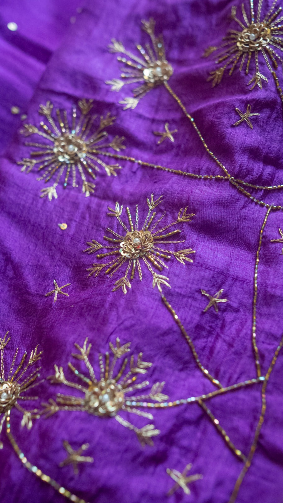 Purple Dandelion Pure mulberry silk saree with zardozi and aari hand embroidery. - 2