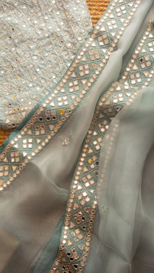 Aarsi  Greyish Green: Pure organza silk saree with mirror hand embroidery - 1