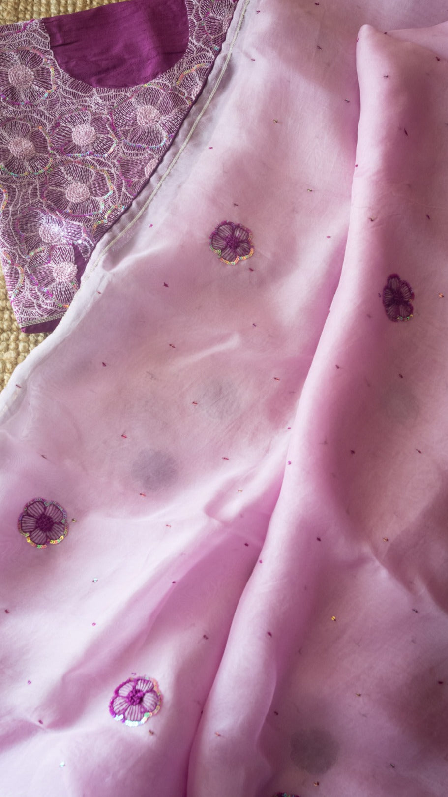 Lavender Prasoon: Pure organza silk with resham and sequins hand embroidery - 1