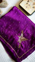 Bird saree: Purple pure mulberry silk saree with zardozi hand embroidery  - 1