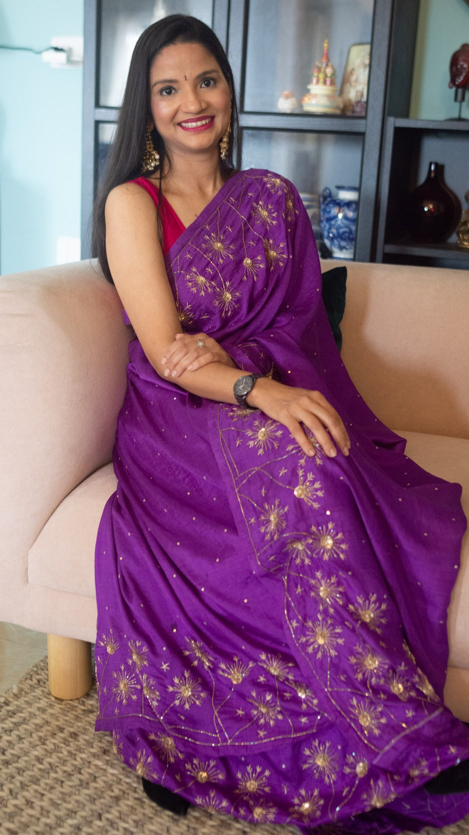 Purple Dandelion Pure mulberry silk saree with zardozi and aari hand embroidery. - 3