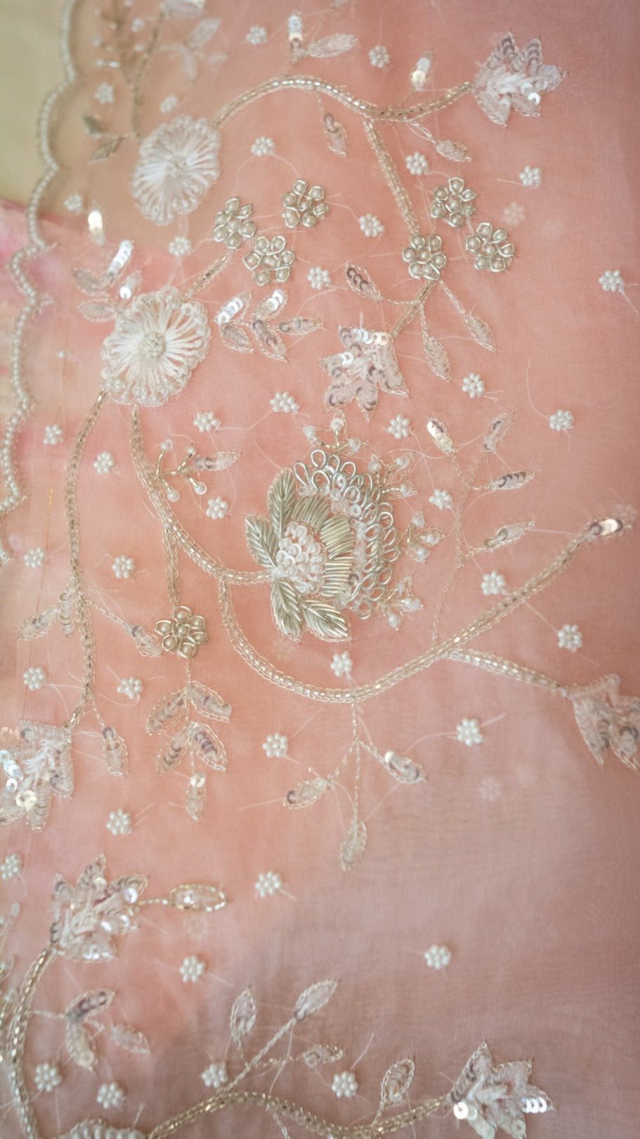 Peach Blush :Pure Organza silk saree with zardozi and resham hand embroidery - 2