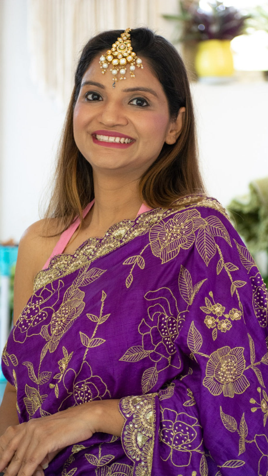 Purple Ketaki Saree: Pure mulberry silk saree with Aari and cut dana hand embroidery - 1