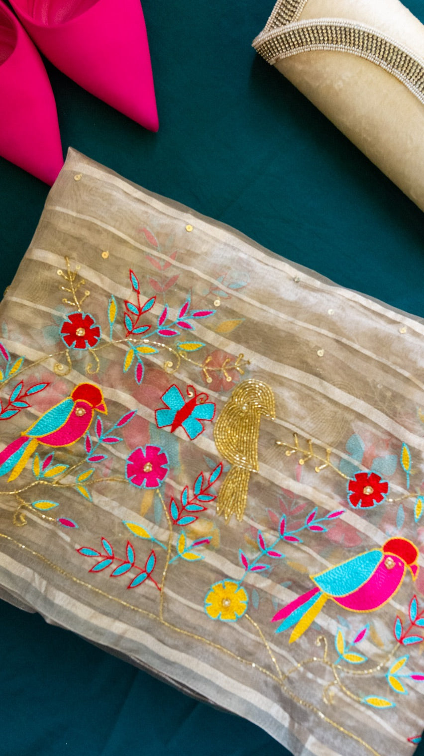 Bird saree: Pure tissue silk saree with cutdana and kashmiri resham work hand embroidery . - 2
