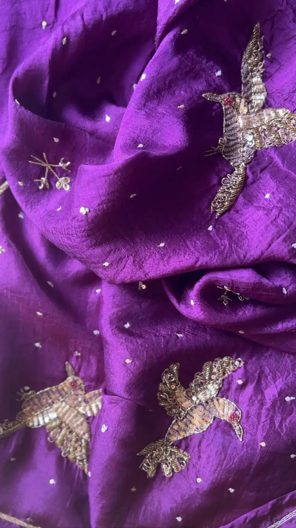 Bird saree: Purple pure mulberry silk saree with zardozi hand embroidery  - 3