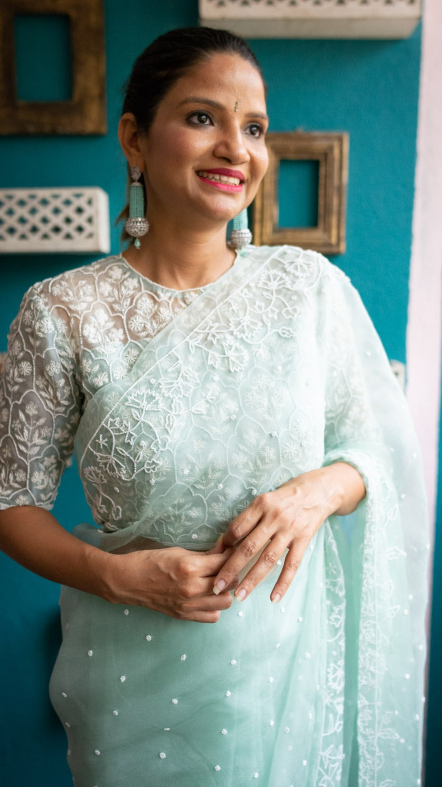 Nithila: Pure organza silk saree with pearl hand embroidery - 4