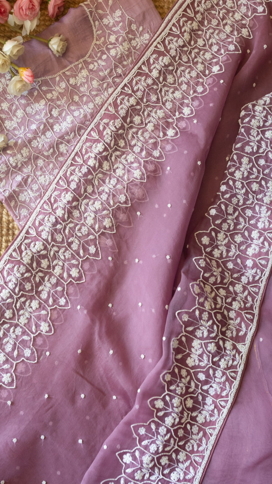 Mauve Jharokha : Pure organza silk saree with pearl hand embroidery - 1