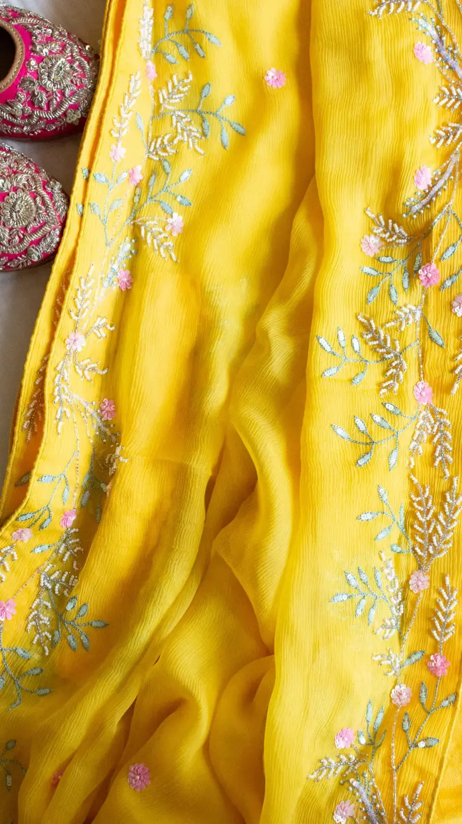 Yellow Marjaan saree: Pure chiffon silk saree with sequins and cutdana hand embroidery . - 2