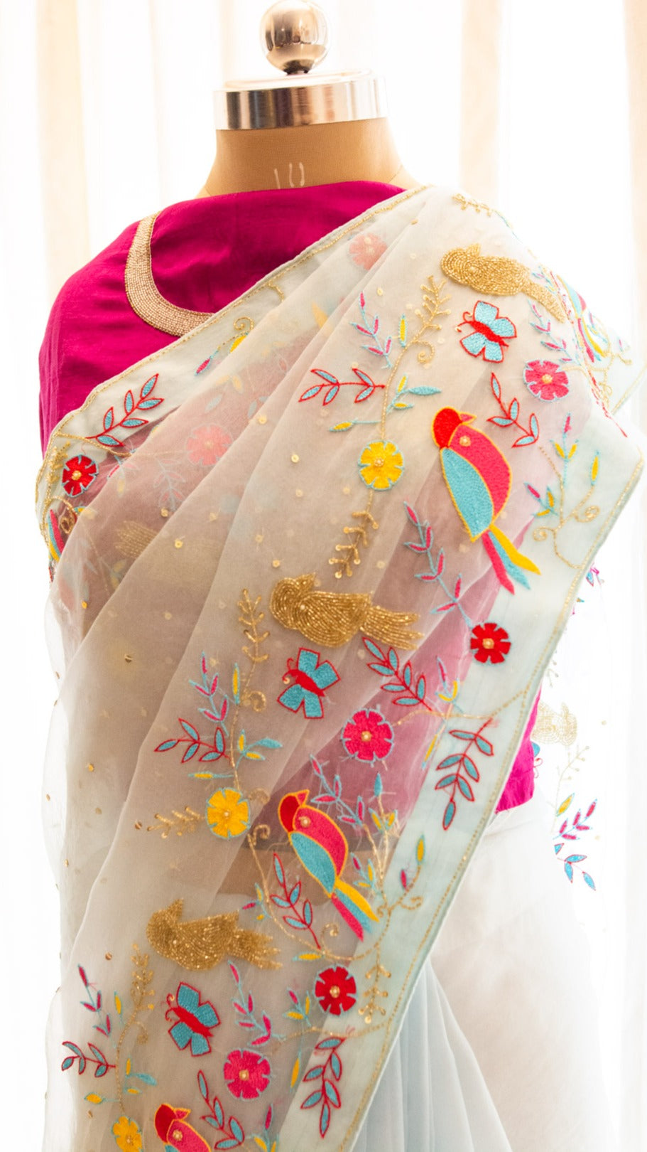 The Bird saree: Pure organza silk saree with cutdana and kashmiri hand embroidery - 4