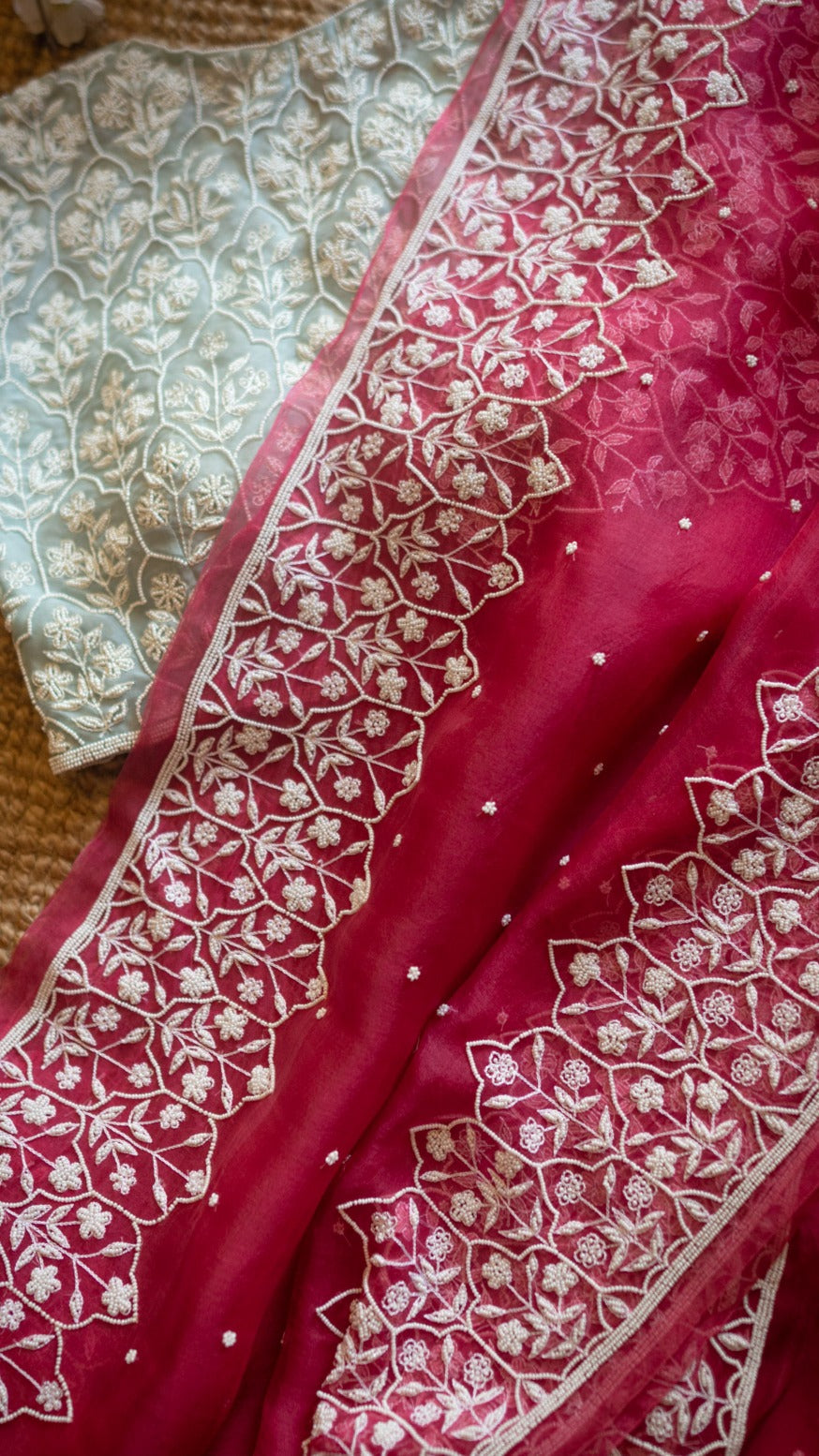  Rouge Pink Jharokha: Pure organza silk saree with pearl hand embroidery - 1