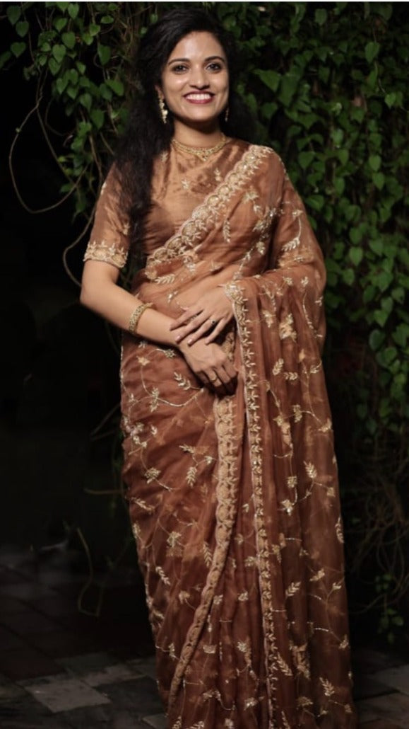 Rust brown Tarika: Pure organza silk saree with sequins and cut dana hand embroidery - 1