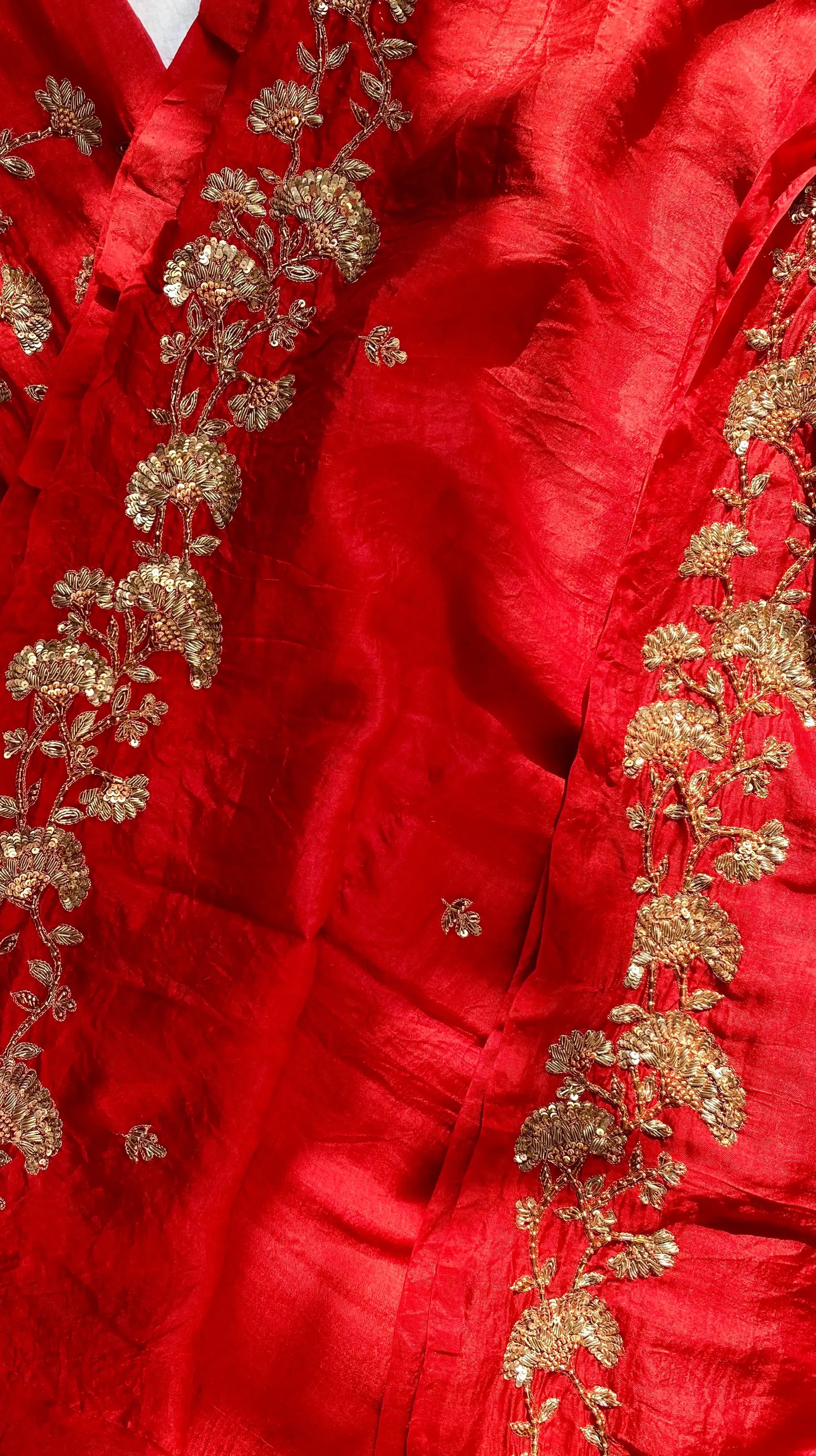 The red pure mulberry silk saree with zardozi hand embroidery - 1