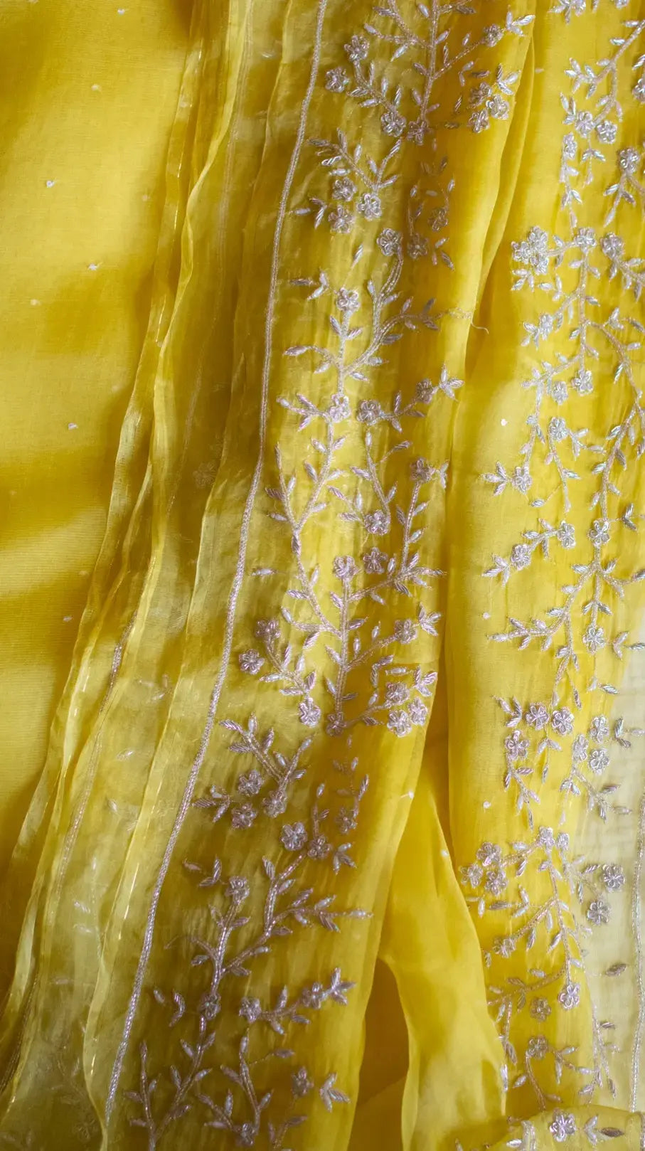 Ayana saree: Yellow pure organza silk saree with zardozi and pearl hand embroidery - 2