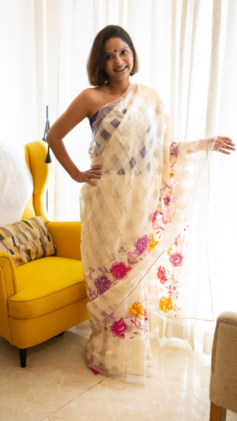 Pure silk checked organza with resham, cutdana and sequins hand embroidery. - 2