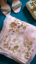 Peach Kimaya saree: Pure organza silk saree with zardozi and cutdana hand embroidery - 1