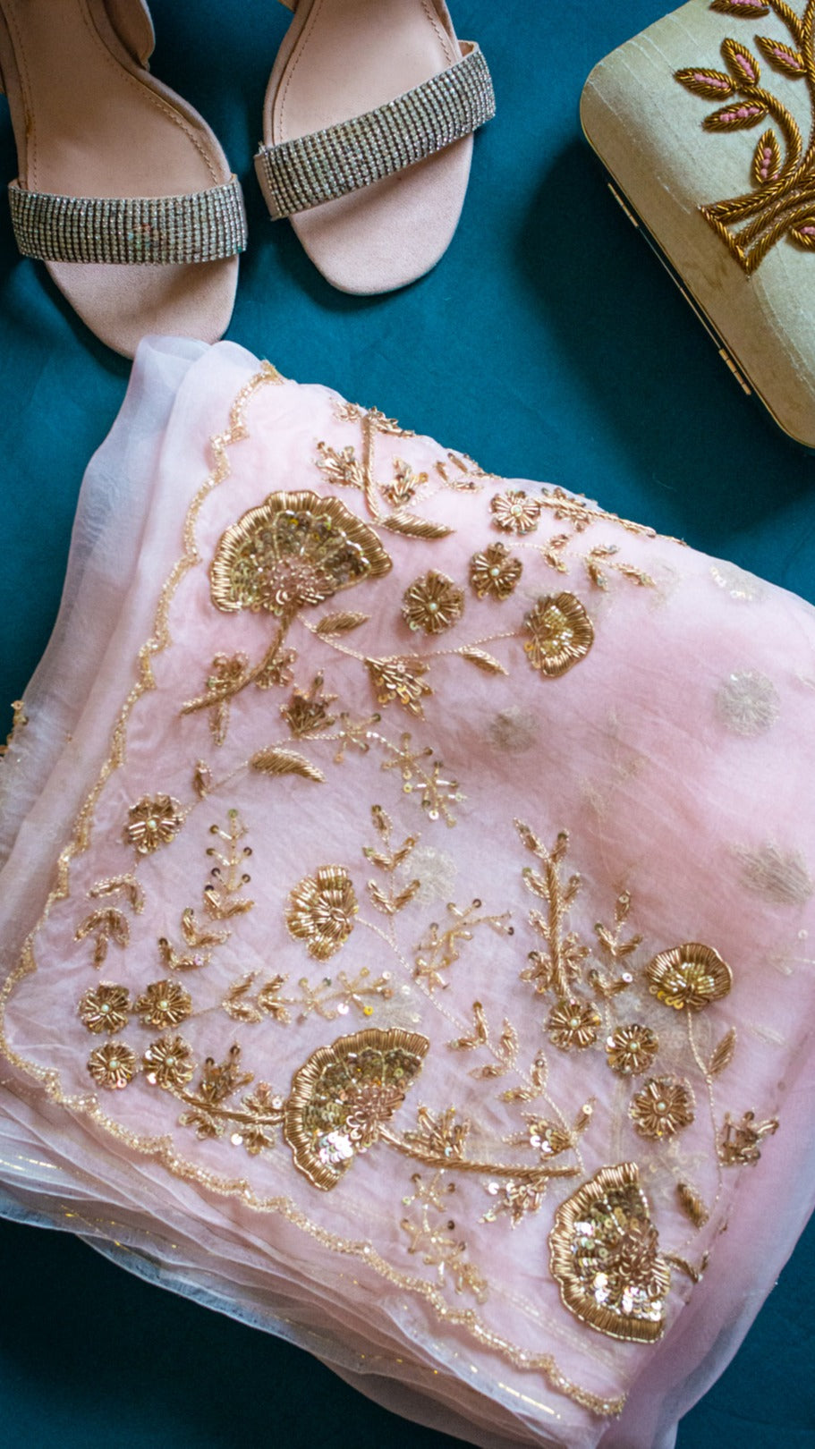 Peach Kimaya saree: Pure organza silk saree with zardozi and cutdana hand embroidery - 1